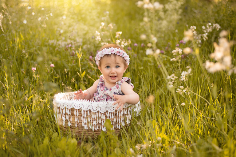Bébé fille avec une robe à fleurs et une couronne de fleurs, assise dans un panier en osier dans un champ de fleurs
